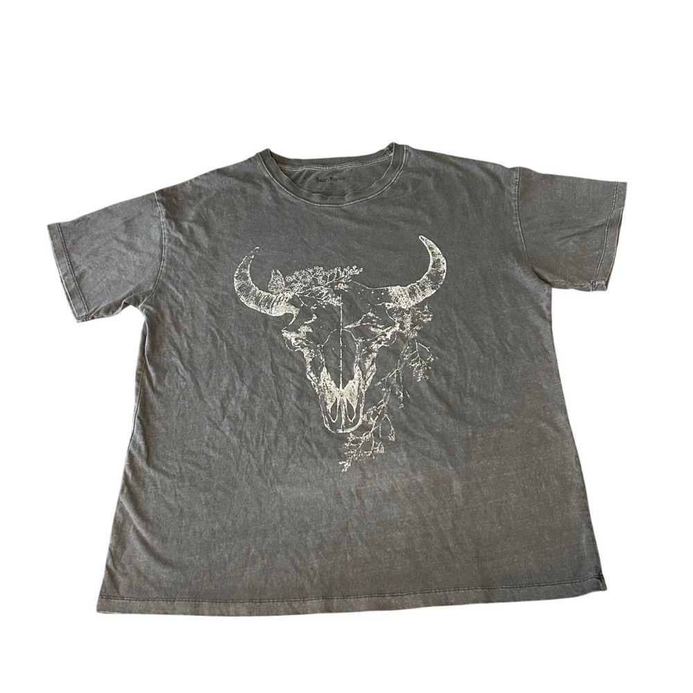 Bear Dance Bull Skull Graphic Tee Charcoal Grey Mineral Wash Western T-Shirt M/L